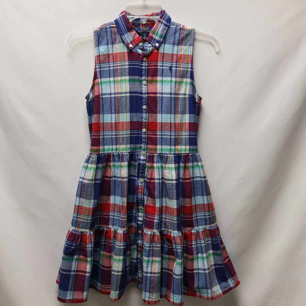 Polo Ralph Lauren Girl's Madras Plaid Sleeveless Shirtdress Tiered Skirt Sz 16